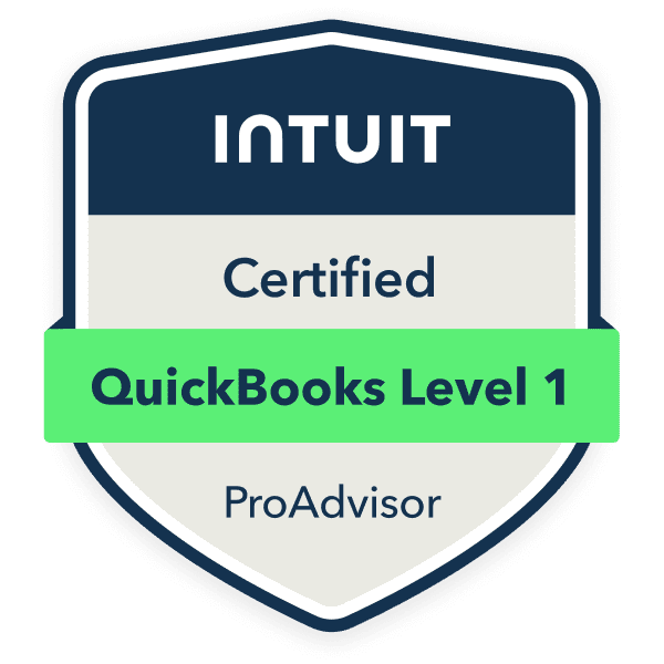 A badge displaying "Intuit Certified QuickBooks Level 1 ProAdvisor" on a shield-shaped background.