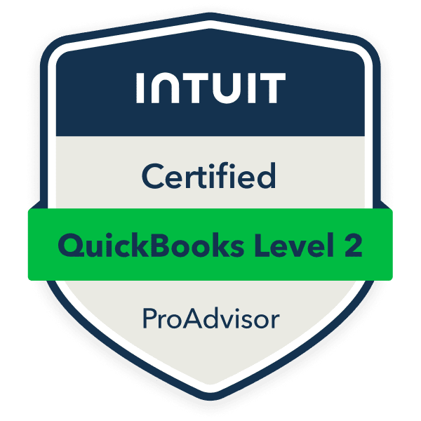 Intuit badge displaying "Certified QuickBooks Level 2 ProAdvisor" on a shield-shaped background.