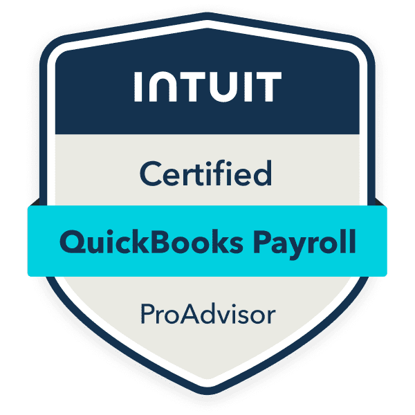 A badge displaying "Intuit Certified QuickBooks Payroll ProAdvisor" in blue and white colors.